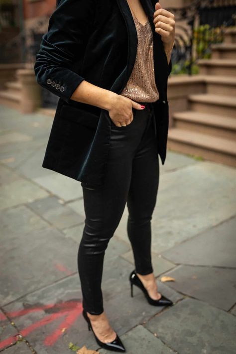 J.Crew Velvet Blazer outfit ideas with coated denim and patent leather pumps Leather And Velvet Outfit, Coated Jeans Outfit Evening, Black Velvet Blazer Outfit Women, Velvet Blazer Outfit Women, Black Velvet Jacket Outfit, Black Velvet Blazer Outfit, Edgy Professional Outfits, Coated Jeans Outfit, Edgy Professional