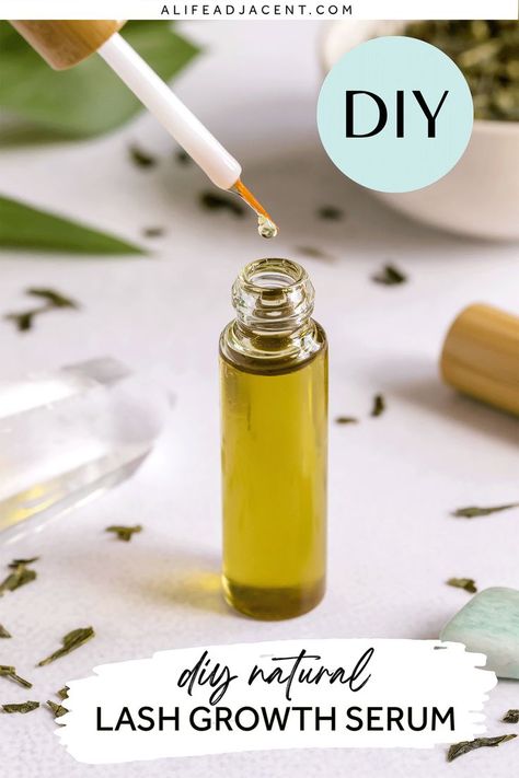 DIY natural lash growth serum in a small glass bottle with an eyeliner brush applicator. A small drop of lash serum falls from the applicator. Grow Long Lashes, Diy Lash Growth Serum, Homemade Lash Serum, Grow Long Lashes Naturally, Lash Growth Diy, Lash Growing Serum, Eyelash Serum Diy, Oil For Eyelash Growth, Eyelash Oil