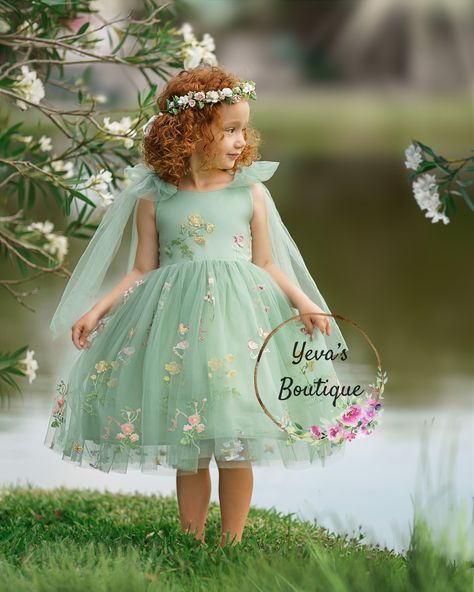 Sage Green Flower Girl Dress, Green Flower Girl Dress, Green Flower Girl Dresses, Style Party Dress, Sage Green Flowers, Forest Dress, Rose Fairy, Floral Embroidery Dress, Dress Tutu