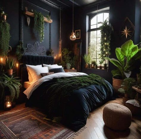 Black And Green Modern Bedroom, Dark Boho Dorm Room, Dark Boho Chic Bedroom, Dark Moody Masculine Bedroom, Dark Room With Plants, Earthy Goth Bedroom, Dark Tropical Bedroom, Green And Black Room Ideas Bedroom, Black Green Gold Bedroom