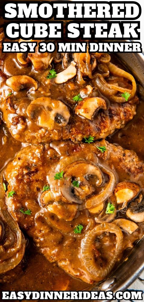 Smothered in a rich brown gravy with mushrooms and onions, this smothered cube steak is ultra tender and ready in just 30 minutes! Serve over mashed potatoes for the perfect easy comfort food dinner. Minute Steaks And Gravy, Oven Cube Steak, Cubed Steak And Gravy, Cubed Steak Recipes Easy, Smothered Cube Steak, Beef Cube Steak Recipes, Steak Ideas, Steak Marinades, Cube Steaks