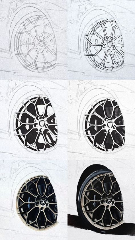 Step 1: Sketch the outline of the wheel and make sure the proportions are correct.

Step 2: Outline every black part with a black fineliner or pencil.

Step 3: Fill in the outlined parts with a black alcohol marker.

Step 4: Color the brake caliper and brake disk with alcohol markers. It doesn't have to look blended yet.

Step 5: Color everything with colored pencils. Start with the dark parts and then the rim and the spokes.

Step 6: Color the ... Car Drawing Pencil, Sketch Outline, Art Of Drawing, Color Wheels, Pen Art Work, Drawing Realistic, Cool Car Drawings, Canvas Drawing, Architecture Design Drawing