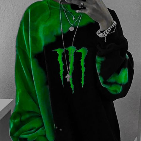 Black And Green Emo Outfit, Monsters Drink, Emo Streetwear T-shirt, Monster Energy Hoodie, Monster Energy Clothing, Monster Drink, Emo T-shirt With Graffiti Print And Crew Neck, Monster Hoodie, Monster Energy Drink