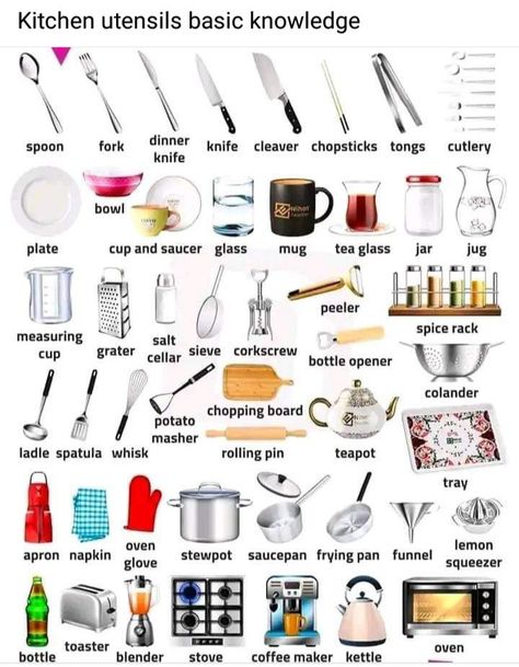 Kitchen Tools With Names, Apartment Kitchen Checklist, Minimalist Kitchen Essentials, Glowing Skin Secrets, Kitchen Essentials List, Proper English, Apartment Checklist, Art Of Plating, Picture Dictionary