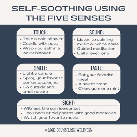 Using our 5 senses to self-soothe proves to be an effective way to regulate our nervous system. It activates our parasympathetic nervous system 🌸Do any of these work for you?

#therapytools #copingmechanisms #copingskills #copingtools #nervoussystemregulation #nervoussystemhealing #nervoussystemhealth #nervoussystemsoothing #nervoussystemrepair #emotions #feelyourfeelings #feeling #feelinglow #feelingdown #selfregulate #atltherapist Self Soothing, The 5 Senses, Premarital Counseling, Grounding Techniques, Parasympathetic Nervous System, 5 Senses, Highly Sensitive People, Deep Breathing Exercises, Sensitive People