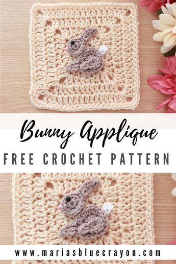 This crochet bunny applique was made for my Woodland and Spring themed crochet blankets. Free pattern and video tutorial is on my blog! #bunnyapplique #rabbitapplique #crochetpattern Themed Crochet Blankets, Bunny Granny Square, Bunny Applique, Woodland Blanket, Blue Crayon, Crochet Blanket Designs, Manta Crochet, Crochet Square Patterns, Granny Squares Pattern