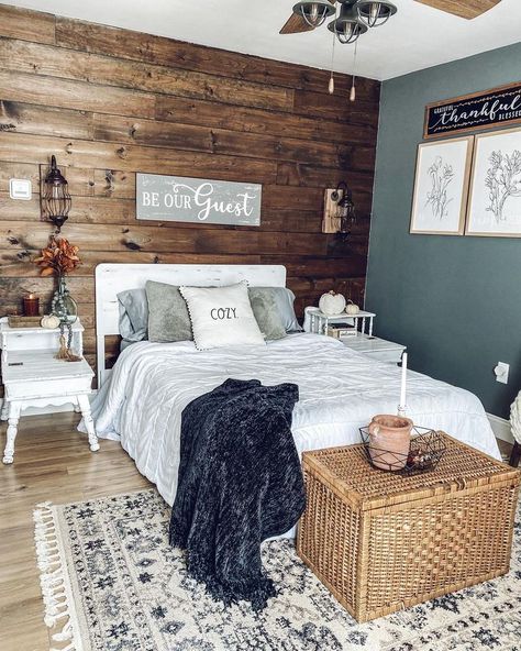 Accent Walls In Bedroom, Walls In Bedroom, Shiplap Accent Walls, Shiplap Bedroom, Western Bedroom Decor, Holiday Bedroom, Western Bedroom, White Shiplap Wall, Shiplap Accent Wall