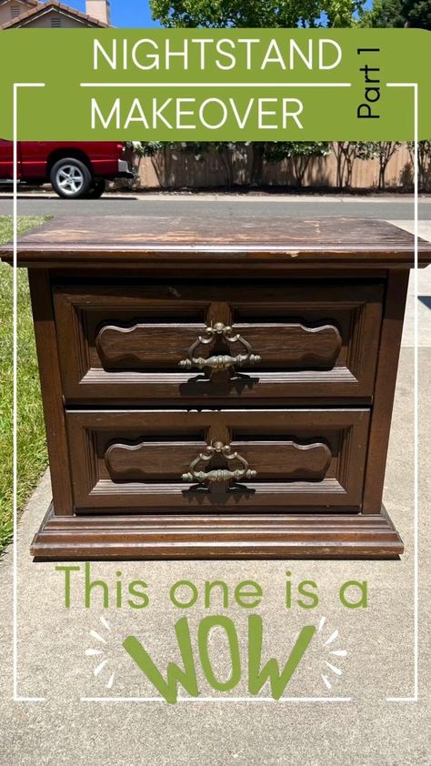 Major makeover for these old and outdated nightstands. These are solid wood and the inside is in perfect shape, but they need a serious makeover. Well, I’ve got that part covered! I recently refinished a small dresser with a single nightstand in solstice green. The buyer wanted two nightstands so we separated the set and I am making these two nightstands to match the green dresser.#extrememakeover #nightstandmakeover #furniturerefinishing #refinishedfurniture #upcycle #upcyclethathome #furniture Night Stands Refurbished, How To Refinish Nightstand, Diy Vintage Nightstand, Mission Furniture Makeover, Refinish Bedroom Furniture, Night Stand Makeover Diy, Refurbished Night Stand Ideas, Small Dresser Makeover, Painted Side Table Ideas