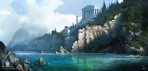 Greek Coast from Assassin's Creed Origins Book Architecture, Concept Art Landscape, Fallen Empire, Assassin's Creed Origins, Ancient Greek City, Assassins Creed Origins, Roman Villa, Greco Roman, Landscape Concept