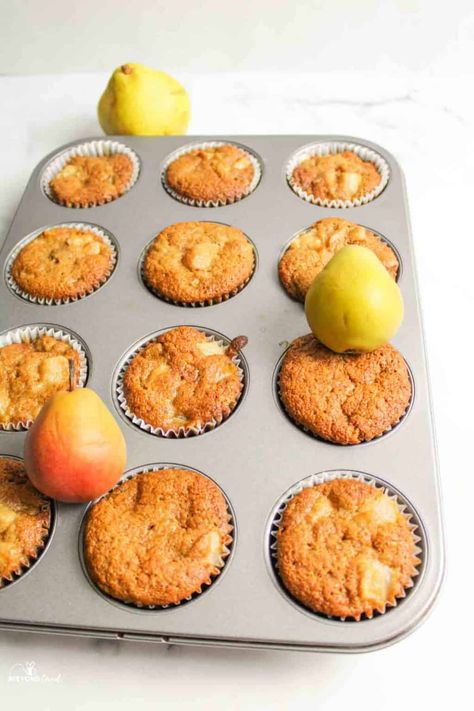 A simple and easy homemade pear muffin recipe. With spices like ginger and cinnamon in every bite these fresh pear muffins are to-die for! They're such a fabulous way to use up those fresh pears in this healthy breakfast or snack recipe. Pear Recipes Healthy, Pear Muffin, Pear Muffins Recipes, Ginger Muffins, Pear Muffins, Almond Muffins, Apple Sauce Recipes, Spice Muffins, Fall Recipes Healthy