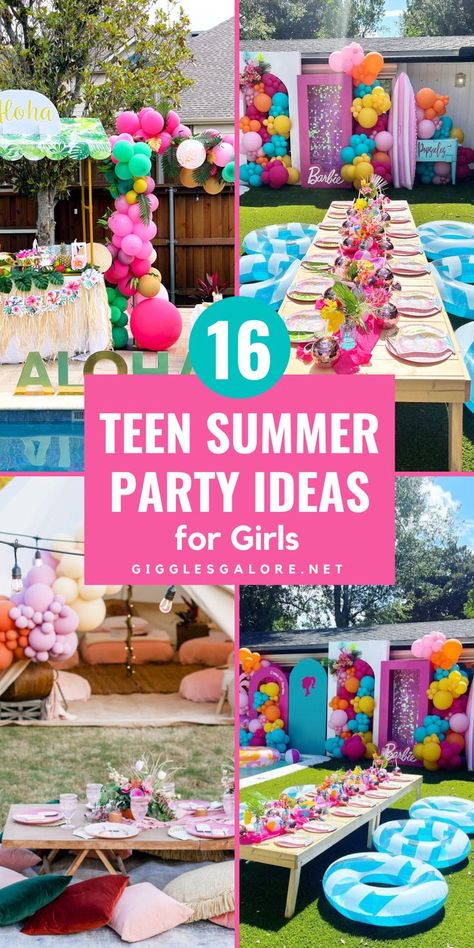 Pool Party with Balloons. With Text Reading: 16 Fun Teen Party Ideas. Teen Summer Birthday Ideas, Fun Summer Birthday Party Ideas, Pool Party Teen Ideas, Pool Party Themes For Teens, Backyard Party Ideas For Teens, Pool Party Sleepover Ideas, Cute Teen Birthday Ideas Themes, Girls Summer Birthday Party Ideas, Backyard Beach Party Ideas