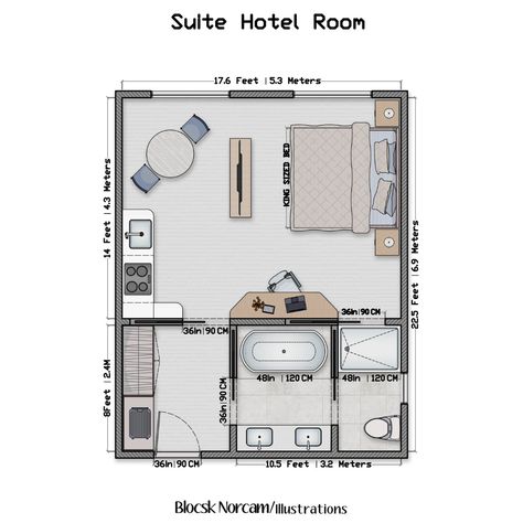 Small suite hotel room floor plan layout, designed to maximize comfort and functionality. Perfect for small spaces, this layout includes essential furniture and smart storage solutions and luxury bathroom. Including dimensions for imperial and metric units. Luxury Bathroom Layout, Hotel Room Floor Plan, Hotel Suite Floor Plan, Small Suite, Suite Room Hotel, Hotel Room Plan, Small Hotel Room, Plan Rendering, Room Floor Plan