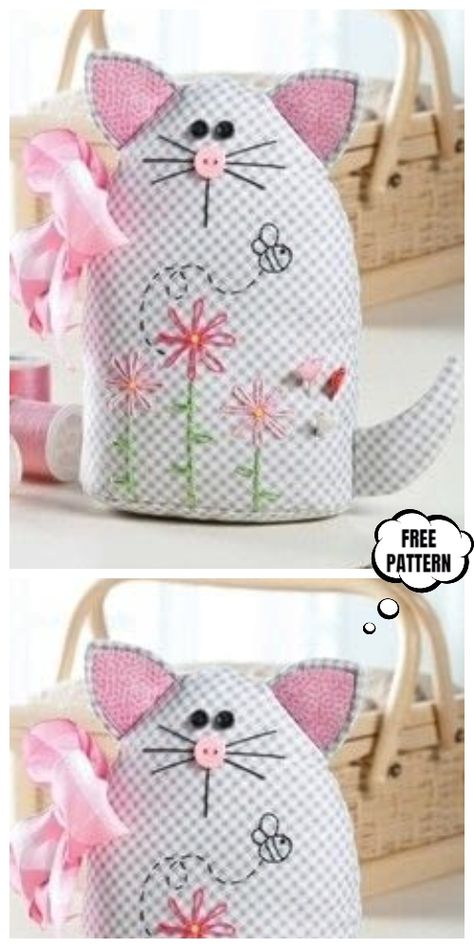 DIY Kitty Cat Pincushion Free Sewing Patterns & Tutorials Embroidery Designs By Hand, Diy Pin Cushion, Small Crafts, Pin Cushions Patterns, Sew Projects, Sweet Kitty, Sewing Pillows, Quilt Guild, Pin Cushion