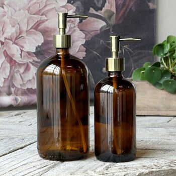 Amber Glass Bottle With Brass Pump 480ml By The Little House Shop | notonthehighstreet.com Brown Glass Bottles, Glass Soap Dispenser, Glass Dispenser, Amber Bottles, Amber Glass Bottles, Washing Up Liquid, Refillable Bottles, Lotion Dispenser, Hand Lotion