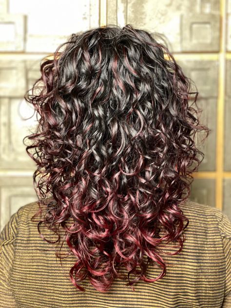 Curly Brown Hair With Pink Highlights, Curly Hair Color Ideas Highlights Caramel Curls Dark Brown, Pink Curly Hair Highlights, Pink Highlights In Brown Hair Curls, Pink Highlights In Brown Curly Hair, Black Cherry Hair Color Curly Hair, Curly Red Highlights, Red Highlights In Black Hair, Curly Hair Red Highlights