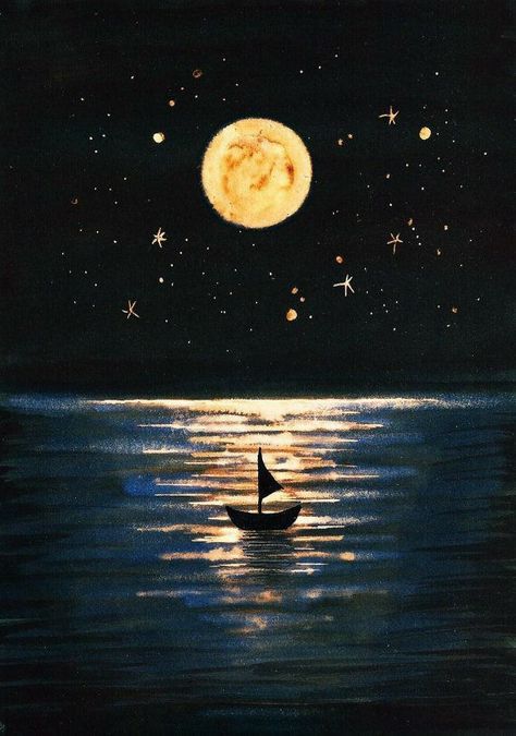 Boat Drawing Aesthetic, Moonlight On Water Painting, Moon On Water Painting, Moon And Ocean Drawing, Moon And Ocean Painting, Moon Water Painting, Moon Over Water Painting, Boat On Water Drawing, Night Drawing Moonlight