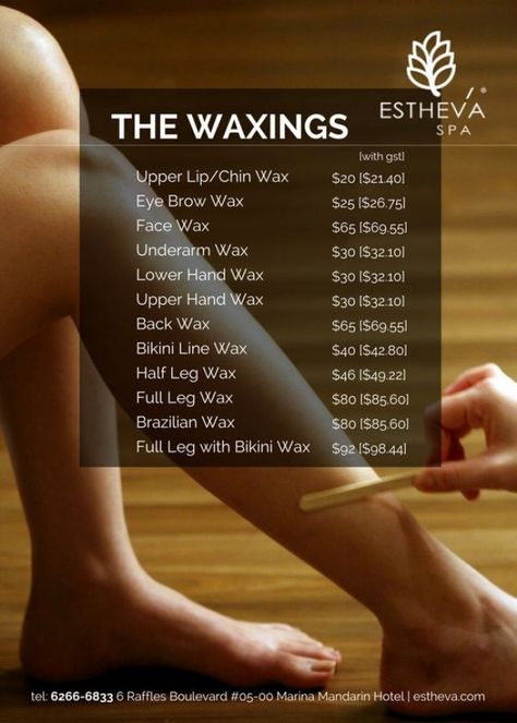 While at ESTHEVA Spa in Singapore you can also get your waxing done by our professional waxing specialists in the privacy and comfort of our luxury day spa in Marina Mandarin Singapore. #waxing #waxingsingapore #facial #facial #spa Waxing Prices List, Wax Spa Ideas, Mobile Waxing Business, Waxing Price List Ideas, Waxing Special Ideas, Wax Bar Salon Ideas, Mobile Waxing Service, Spa Menu Ideas Price List, Wax Price List