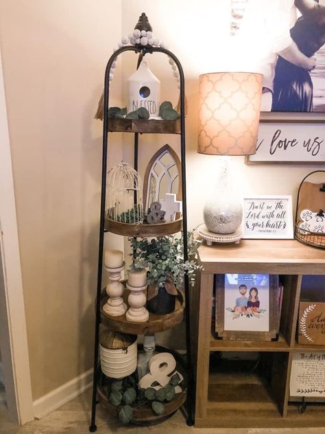 Dining Server Decor Ideas, Hobby Lobby Shelf Decor, Hobby Lobby Shelf, Corner Shelf Ideas, Living Room Farmhouse Decor, Hobby Lobby Decor, Shelf Decor Living Room, Kitchen Island Decor, Table Decor Living Room