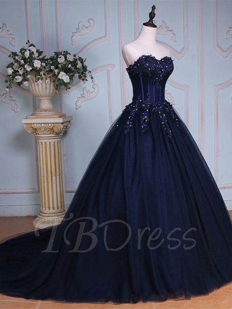 Ball Gown Appliques Sweetheart Beading Court Train Quinceanera Dress Navy Blue Ball Gown, Sweetheart Evening Dress, Blue Ball Gown, Navy Blue Prom Dresses, Evening Dress Long, Blue Ball Gowns, Formal Occasion Dress, Blue Ball, Sweetheart Prom Dress