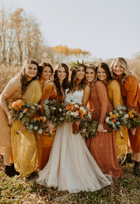 Rust Bridal Party, Mustard Wedding Colors, Rust Wedding Color, Mustard Bridesmaid Dresses, Mustard Yellow Bridesmaid Dress, Rust Bridesmaid Dresses, Mustard Yellow Wedding, Mustard Wedding, Fall Bridesmaid