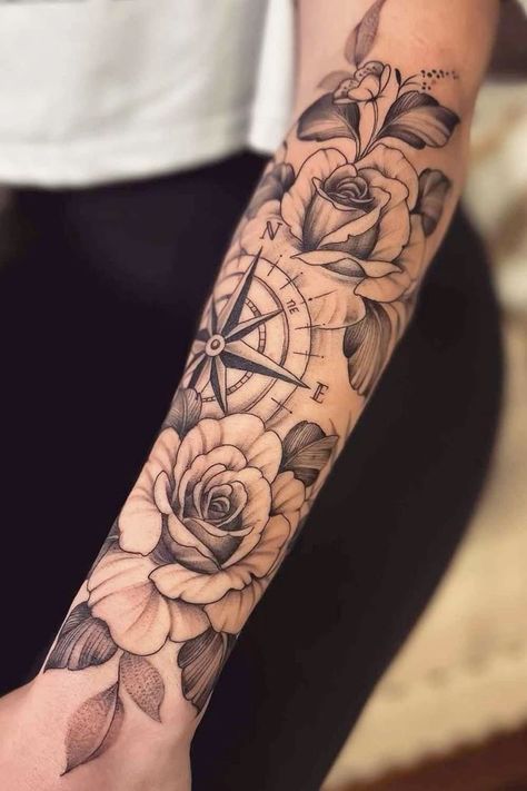 Womens Compass Tattoo Sleeve, Human Heart Flower Tattoo, Compass Flower Tattoo Half Sleeves, Compass Tattoo Feminine Half Sleeves, Compass Tattoo Feminine Forearm, Compass Sleeve Tattoo Women, Time Machine Tattoo, Nautical Tattoo Sleeve For Women, Side Piece Tattoos