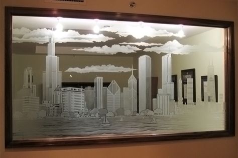 Etched & Sandblasted Glass | Creative Mirror & Shower - Chicago Etched Mirror Design, Mirror Etching Designs, Engagement Mirror, Sandblasted Glass Design, Mirror Engraving, Drilling Glass, Creative Mirror, Etching Designs, Glass Etching Designs