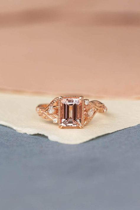 Emerald Cut Engagement Rings | Eden Garden Jewelry™ Morganite Engagement Ring Set, Nature Inspired Engagement Ring, Leaf Engagement Ring, Nature Inspired Rings, Custom Wedding Band, Emerald Cut Engagement, Emerald Engagement Ring Cut, Morning Dew, Morganite Engagement