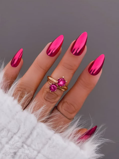 28 Ideas for Pink Chrome Nails: Inspiration for Bold and Beautiful Looks Red And Hot Pink Nails, Bright Red Chrome Nails, Fushia Nail Designs Ideas, Unicorn Chrome Nails Designs, Berry Chrome Nails, Chrome Nails With Glitter, Peach Nails Design, Black And Red Highlights, Hot Pink Chrome Nails