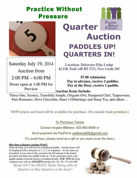 Quarter Auction to Benefit Practice Without Pressure! Come out and take a chance at winning some fantastic products while supporting an amazing local effort! Live Auction Items For Fundraiser, Quarter Auction, How To Plan A Benefit Fundraiser, Silent Auction Bid Sheets, Silent Auction Fundraiser, Pto Board, Auction Paddles, Fund Development Nonprofit Fundraising, Relay Ideas