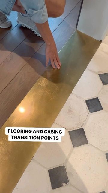 Brass Floor Transition Strip, Limestone To Wood Floor Transition, Gold Floor Transition Strip, Floor Transition Ideas Wood To Tile, Erin Stetzer Homes, Transition Flooring Between Rooms, Wood To Tile Transition, Floor Transition Ideas Uneven, Flooring Transition Ideas