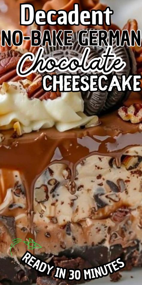 Decadent No-Bake German Chocolate Cheesecake German Chocolate Cheesecake Easy, No Bake German Chocolate Cheesecake, No Bake Twix Cheesecake Recipes, German Chocolate Cheesecake Recipe, Chocolate Cake Flavors, Cheesecake No Bake Recipes, Dark Chocolate Cheesecake Recipes, No Bake Cheesecake Recipes, Easy Chocolate Cheesecake