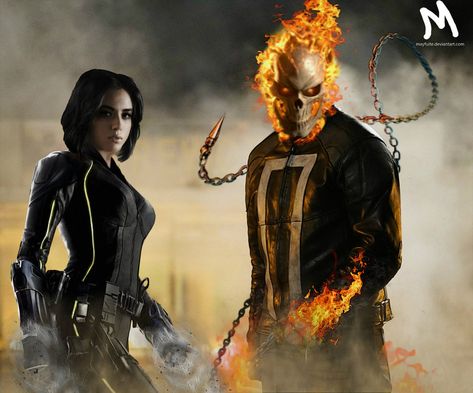 Quake and Ghost Rider by https://www.deviantart.com/mayfuite on @DeviantArt Quake Marvel, Ghost Raider, Spiked Leather Jacket, Guardian Of The Galaxy, Johnny Blaze, Background Photoshop, Character Costume, Marvel Agents Of Shield, Iron Man Wallpaper