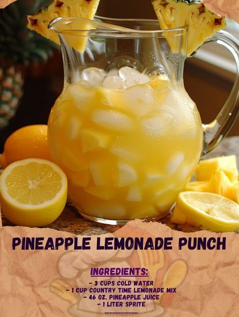 Lemonade Punch Recipes, Non Alcoholic Punch Recipes For A Crowd, Flavored Lemonade Recipes, Pineapple Lemonade Punch, Lemonade Punch Recipe, Holiday Punch Recipe, Kids Drinks, Lemonade Punch, Fruit Juice Recipes