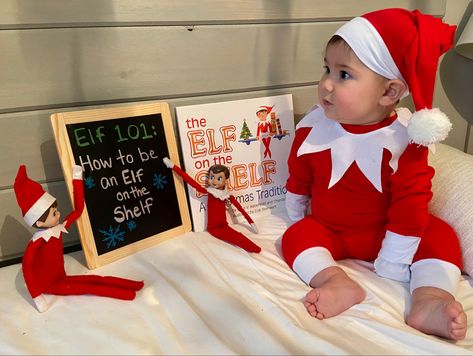 Real Baby Elf On The Shelf Ideas, Elf On The Shelf Photoshoot Baby, Elf On The Shelf Baby Photoshoot, Baby Elf On The Shelf Pictures, Elf On The Shelf I’m Back, Baby Elf On The Shelf, Elf Photoshoot, Ugly Christmas Sweater Diy Funny, Baby Shelves