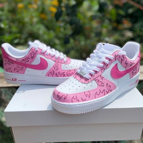 Graffiti Shoes, Pink Flames, Air Force One Shoes, Custom Sneakers Diy, Custom Shoes Diy, Nike Shoes Air Force, Nike Shoe, Shoes Outfit Fashion, Cute Nike Shoes