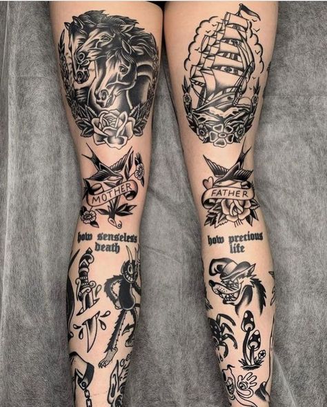 Tattooed Bodies, Traditional Tattoo Leg Sleeve, Traditional Thigh Tattoo, Old School Tattoo Sleeve, Back Of Leg Tattoos, Thigh Tattoo Men, Tattoo Pierna, Tattoo 2023, Stomach Tattoos Women