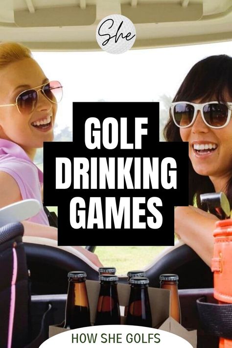 Two female golfers smiling in a golf cart with beer and golf equipment Golf Course Drinking Games, Golf Hole Games, Ladies Golf League Ideas, Golf Tournament Hole Games, Golf Hole Sponsor Game Ideas, Golf Hole Sponsorship Games, Golf Scramble Games, Golf Outing Hole Games, Golf Games On Course