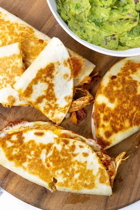 Homemade Shredded Chicken Quesadilla - Megan vs Kitchen Pulled Chicken Quesadilla, Quesadilla Seasoning, Chicken Quesadilla Seasoning, Homemade Shredded Chicken, Spanish Rice Easy, Sauteed Onions, Homemade Refried Beans, Make Shredded Chicken, Oaxaca Cheese