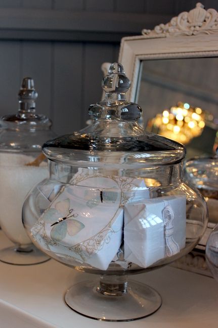 ✿•♥•✿•♥•✿•♥•✿•♥•✿•♥•✿•♥•✿ Classico Jars Diy, Glass Jars Bathroom, Glass Jar Bathroom Decor, Apothecary Jars Laundry Room, Glass Apothecary Jars Bathroom, Apothecary Jars Decor, Large Glass Jar, Bathroom Counter Decor, Apothecary Decor