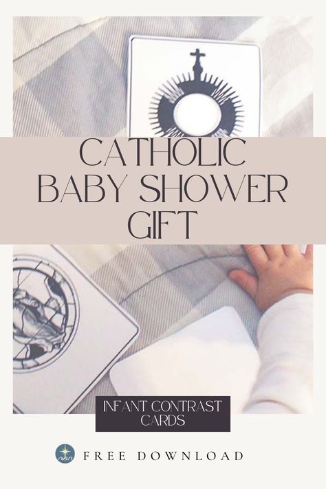 Perfect for spring, summer, winter, or fall baby showers! These Catholic themed Infant Contrast Cards are black and white cards ready to help new born baby strengthen their sight on what matters most, Jesus! Print them out for free and gift them to the new mommy to be! #Catholic #baby #free #Christian #Infant #Contrast cards #motherhood #baby shower gift Catholic Baby Shower Ideas, Black And White Cards, Contrast Images, Baby Vision, Montessori Art, High Contrast Images, Sense Of Sight, New Mommy, White Cards