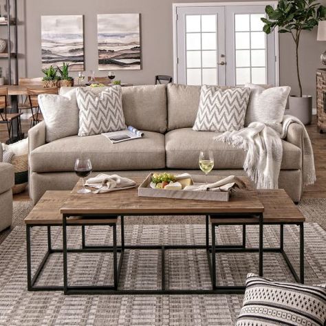 Sand Sofa Living Room, Sand Couch, Sand Sofa, Coffee Tables Ideas, Affordable Living Room Furniture, Living Room Brown, Brown Living Room Decor, Log Cabin Furniture, Room Brown