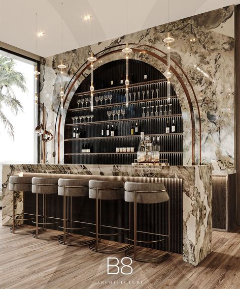 Noor Villa / Interior Design - B8 Architecture and Design Studio Modern Home Bar Designs Luxury, Home Bar Designs Luxury, Bar Area Design, Decorations Drawing, Luxury Bar Design, Modern Bar Design, 2023 Home Interior, Modern Home Bar Designs, B8 Architecture