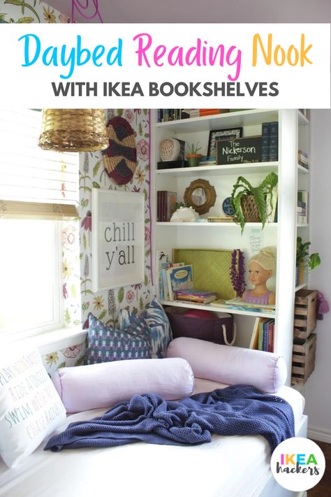 Brimnes Daybed Hack, Daybed Reading Nook, Brimnes Daybed, Cozy Window Seat, Billy Bookcases, Ikea Bookshelves, Billy Bookcase, Ikea Hackers, Kid Toy Storage