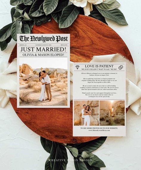 Joshua Tree Elopement Announcement to share with Family and Friends after National Park wedding | Insert photo by Kept Record | www.keptrecord.com | Newspaper template by Creative Union Design We Eloped Cards, Elopement Announcement Newspaper, Secret Elopement Announcement, We're Eloping Invitation, Elopement Announcement Postcard, Wedding Newspaper Template, Fun Wedding Programs, Printable Wedding Program Template, Newspaper Wedding