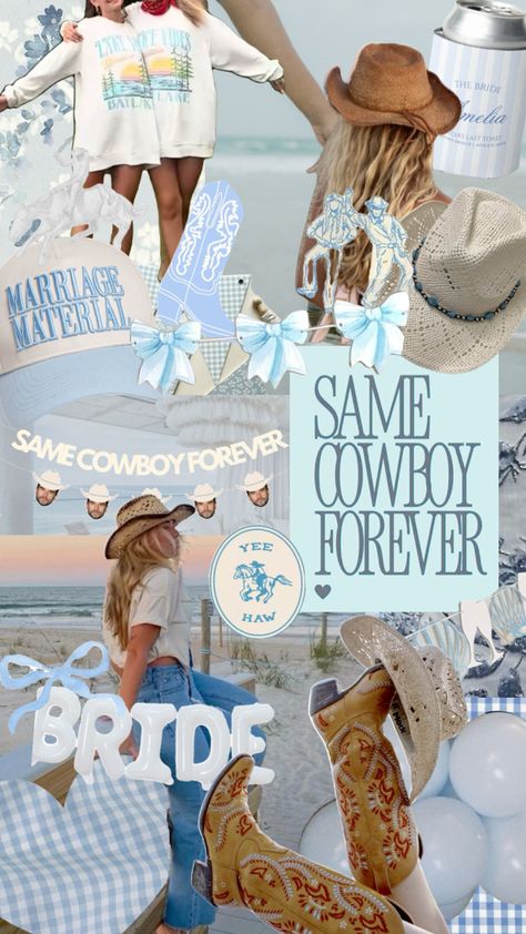 Beach Cowboy Bachelorette, Denim Cowgirl Bachelorette, Coastal Cowgirl Wedding Aesthetic, Coastal Cowgirl Bachelorette Theme, Costal Cowgirl Bachelorette Ideas, Beach Cowgirl Bachelorette, Coastal Cowboy Bachelorette, Bachelorette Party Ideas Cowgirl, Same Cowboy Forever Bachelorette