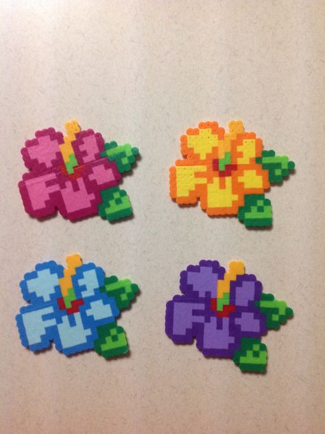 Tropical Flower Coasters. Set of 4. Handmade. 2.5"x2.5" Hawaiian Flower Perler Beads, Summer Perler Beads, Perler Beads Summer, Summer Perler Bead Patterns, Flower Perler Bead Patterns, Melty Bead Designs, Easy Perler Bead Patterns, Flower Coasters, Pearl Beads Pattern