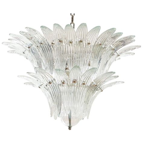 Murano Two-Tier Clear Palmette Glass Chandelier by Venini Large Lanterns, Flush Mount Chandelier, Italian Chandelier, Italian Lighting, Contemporary Lamps, Murano Glass Chandelier, Vintage Chandelier, Glass Chandelier, Flush Mount Lighting