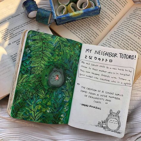 My Neighbor Totoro Journal, Studio Ghibli Journal, Ideas For Drawing Sketches, Ghibli Journal, Studio Ghibli Movie List, Reading Journal Aesthetic, Scrapbook Design Ideas, Ghibli Core, Bullet Journal Work