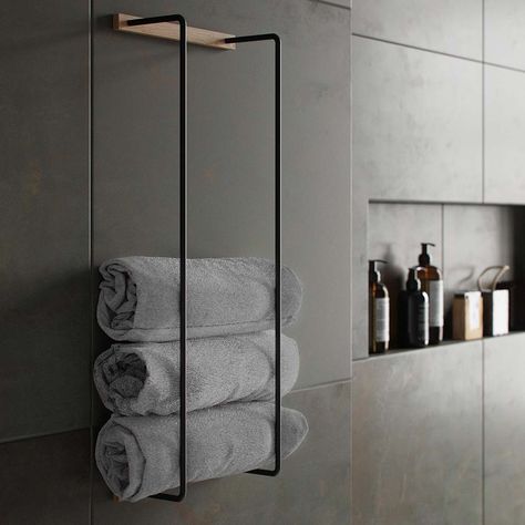 Bad Inspiration, Oak Panels, Towel Rack Bathroom, Hotel Bathroom, Towel Hanger, Towel Storage, Black Bathroom, Towel Rail, Diy Bathroom