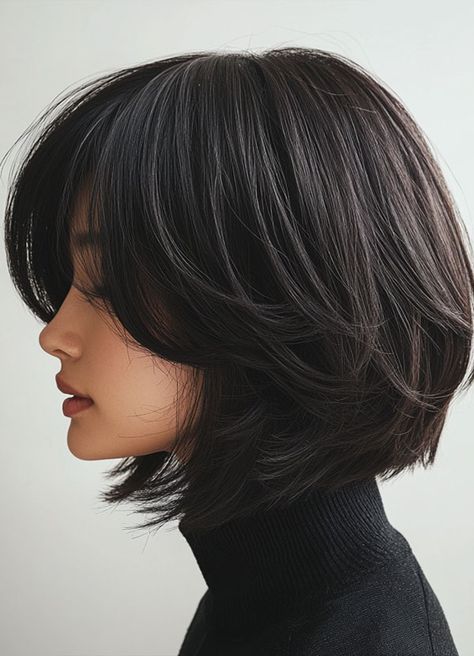 Layered Bob Haircut, Jet-Black Layered Chin-Length Bob Layered French Bob, Classic French Bob, Haircut Ideas Brown Hair, Bob With Curtain Bangs, Bun High, Butterfly Hairstyle, Twist Box Braids, Short Bobs With Bangs, Ideas Haircut